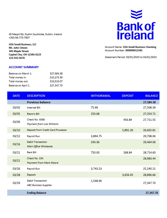 Modèle Word et PDF de déclaration d'entreprise de la Banque d'Irlande